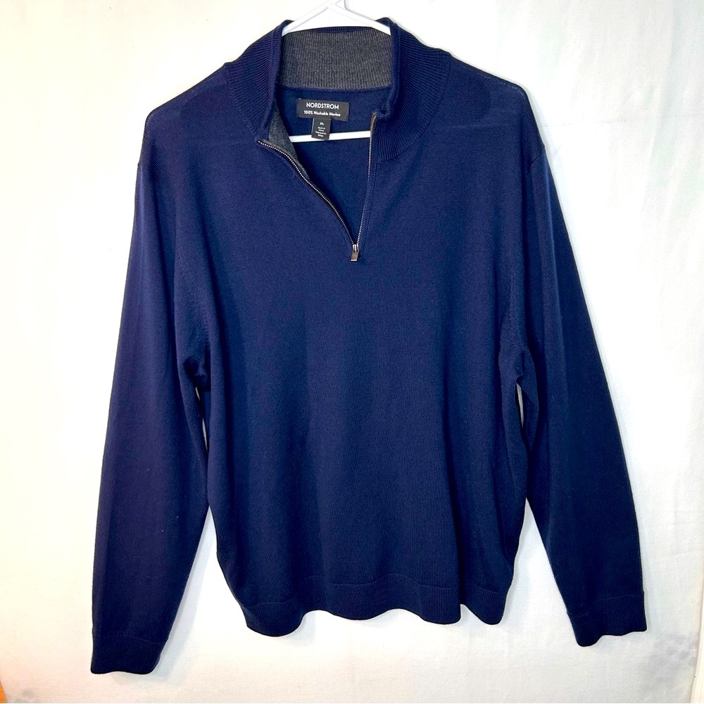 Nordstrom Men’s Cowl Neck Sweater 100% Merino Wool Navy Blue  Half Zip XL